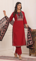 Maroon Semi Cotton Embroidered Salwar Suit