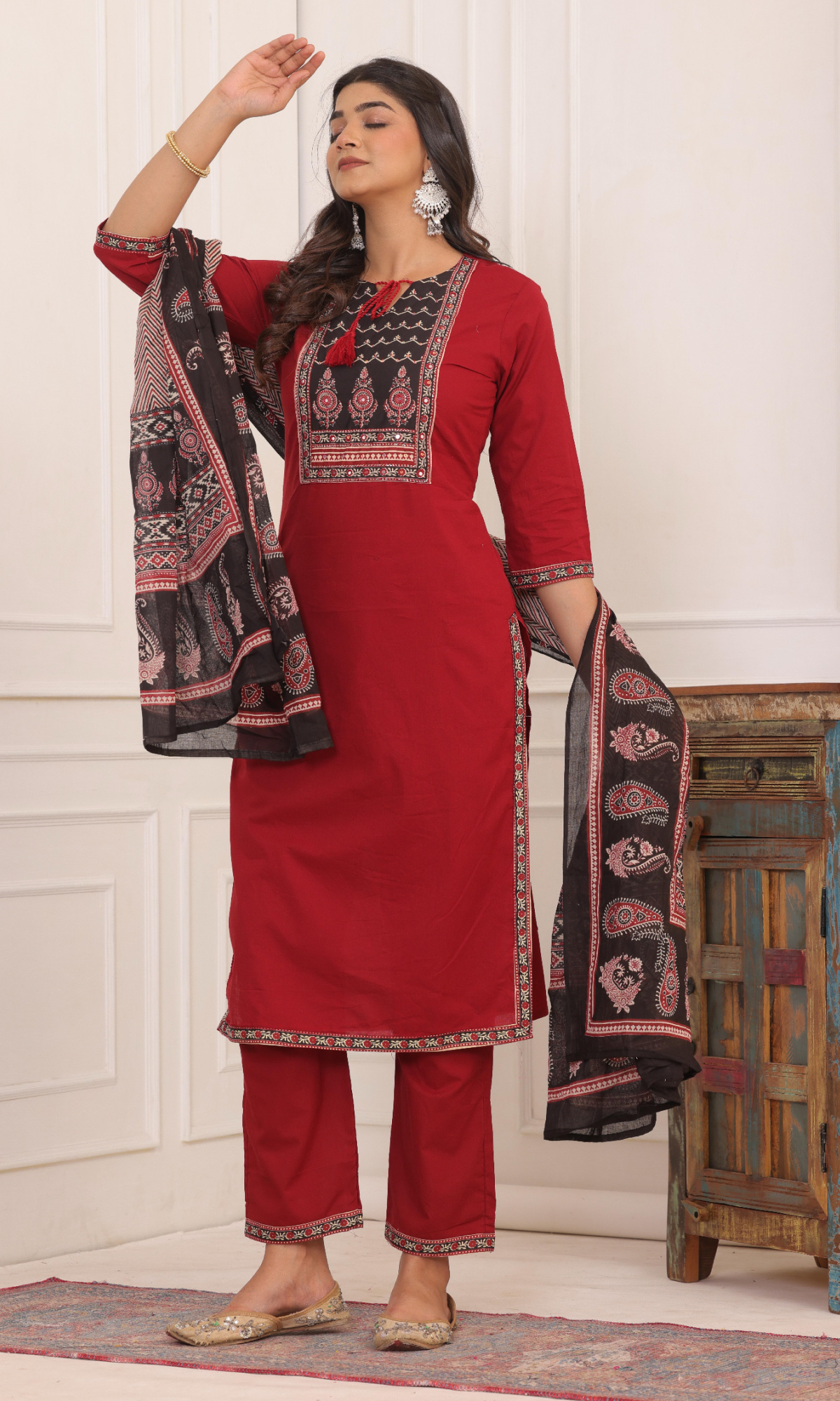 Maroon Semi Cotton Embroidered Salwar Suit