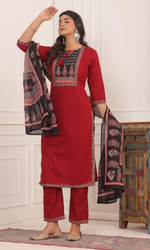 Maroon Semi Cotton Embroidered Salwar Suit