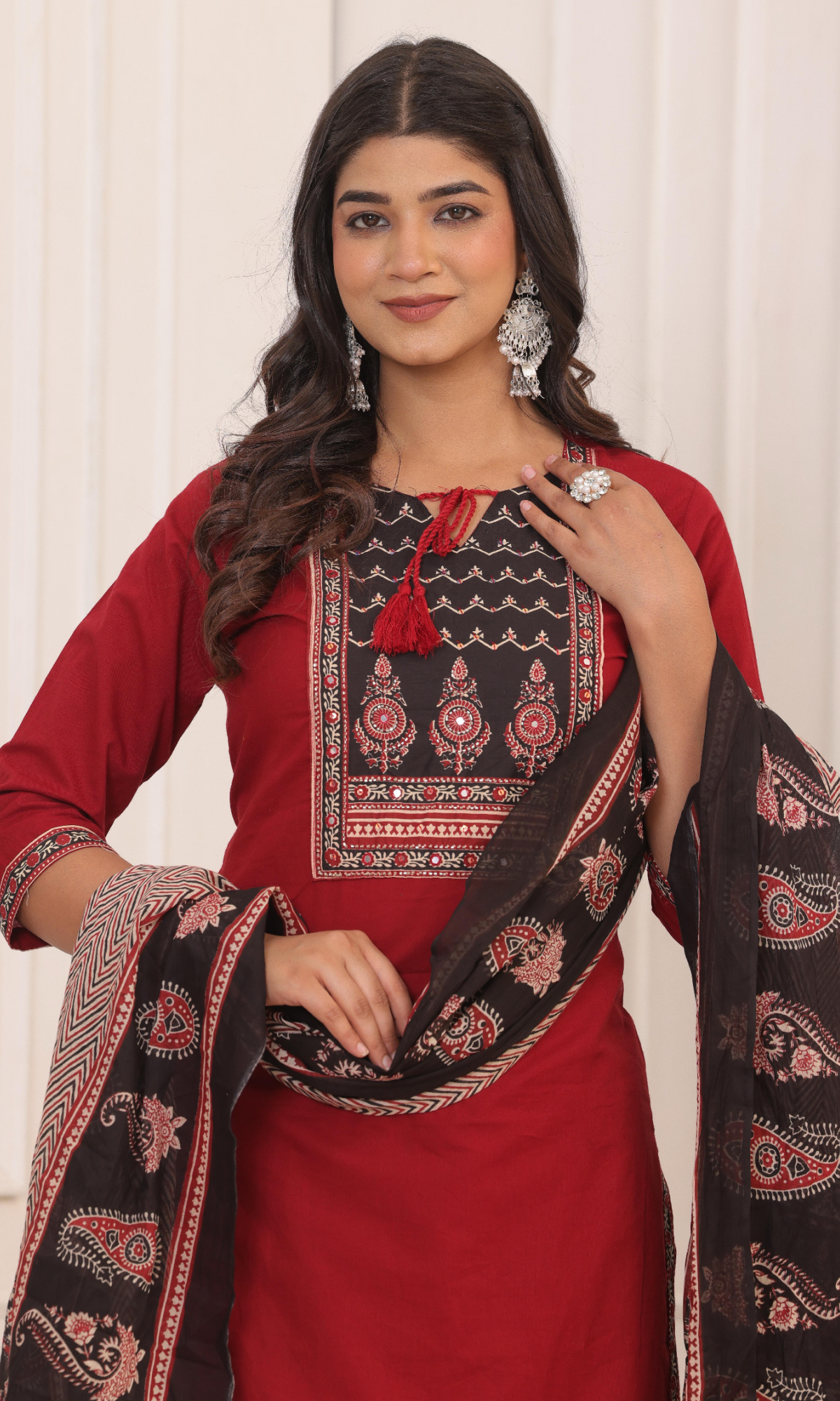Maroon Semi Cotton Embroidered Salwar Suit