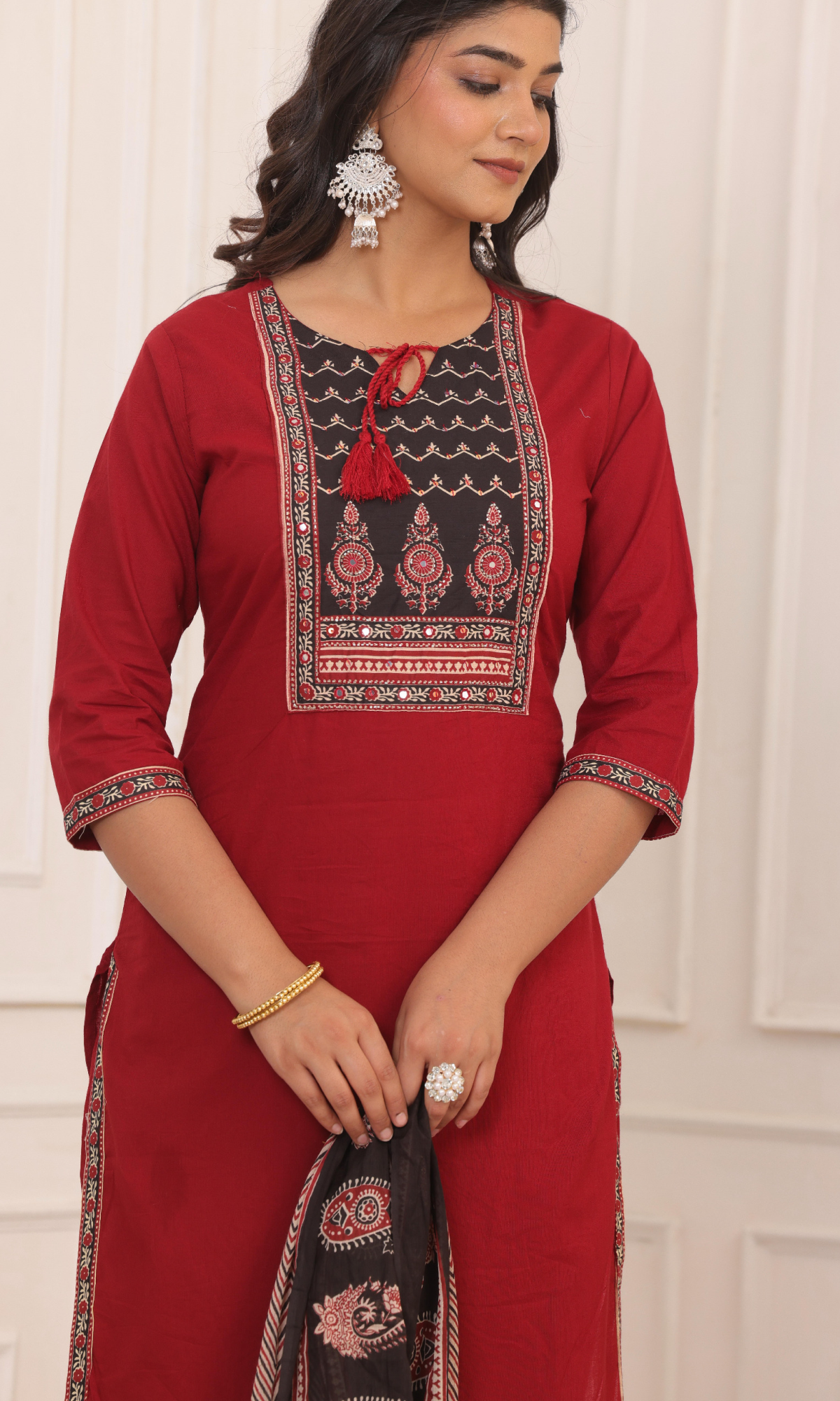 Maroon Semi Cotton Embroidered Salwar Suit