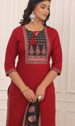 Maroon Semi Cotton Embroidered Salwar Suit