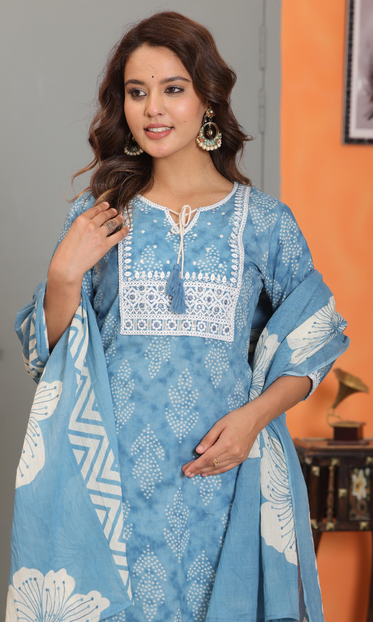 Blue Semi Cotton Embroidered Salwar Suit
