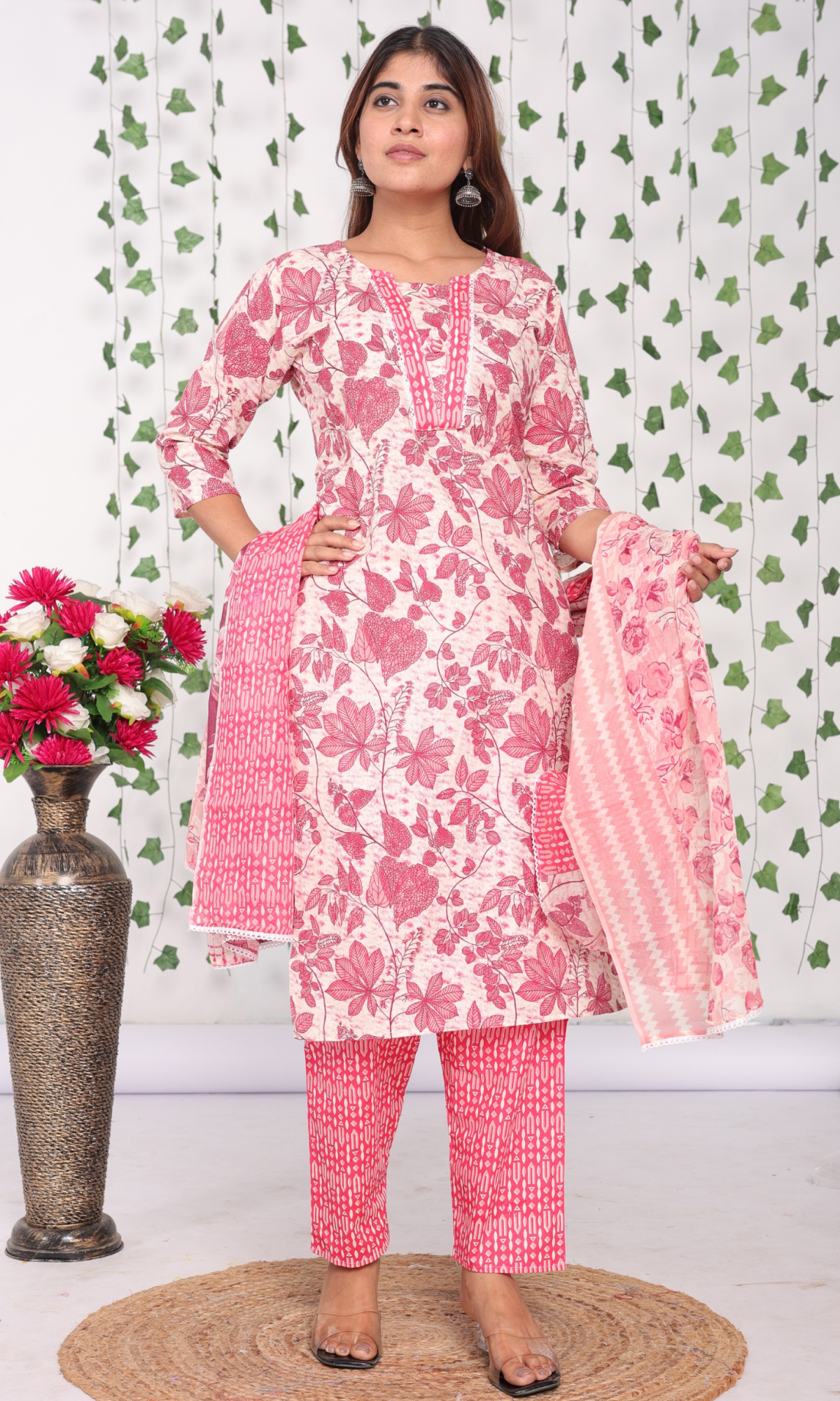 Pink Semi Cotton Floral Printed Salwar Suit