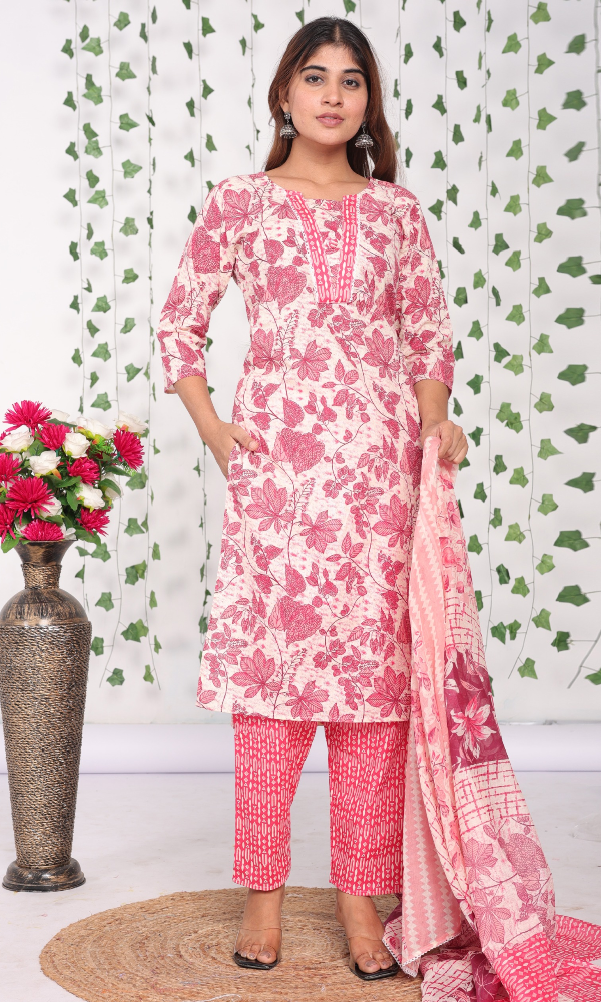 Pink Semi Cotton Floral Printed Salwar Suit