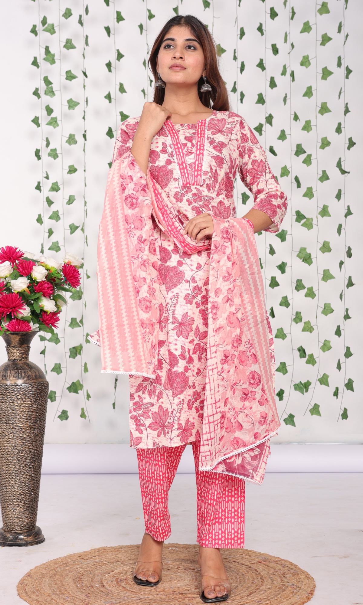 Pink Semi Cotton Floral Printed Salwar Suit