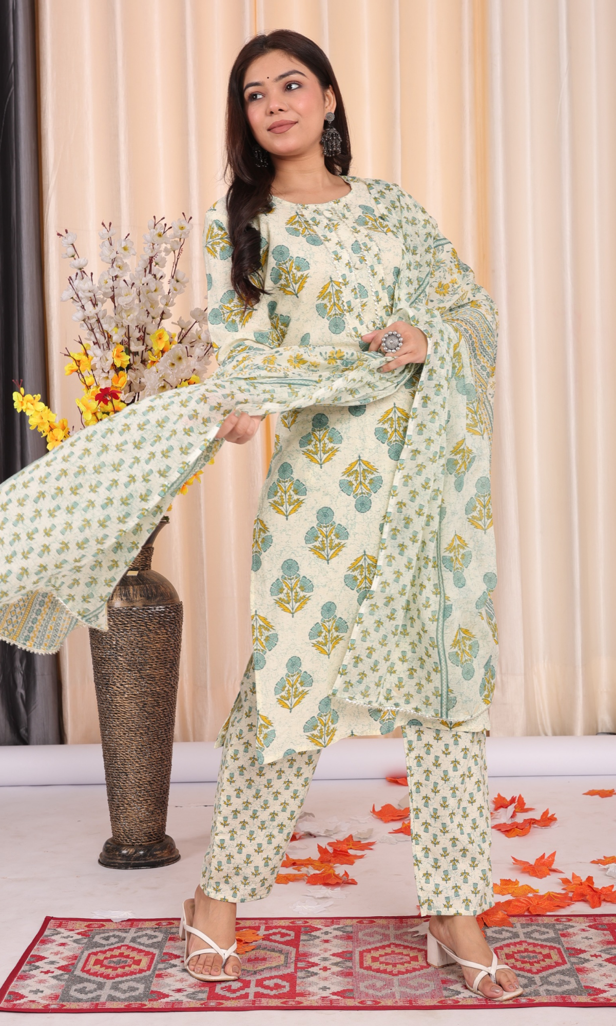 Cream Semi Cotton Floral Printed Salwar Suit