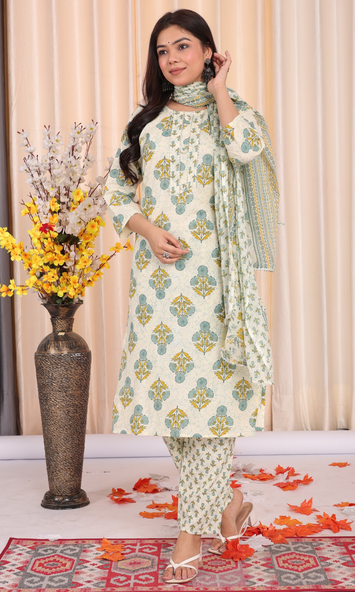 Cream Semi Cotton Floral Printed Salwar Suit