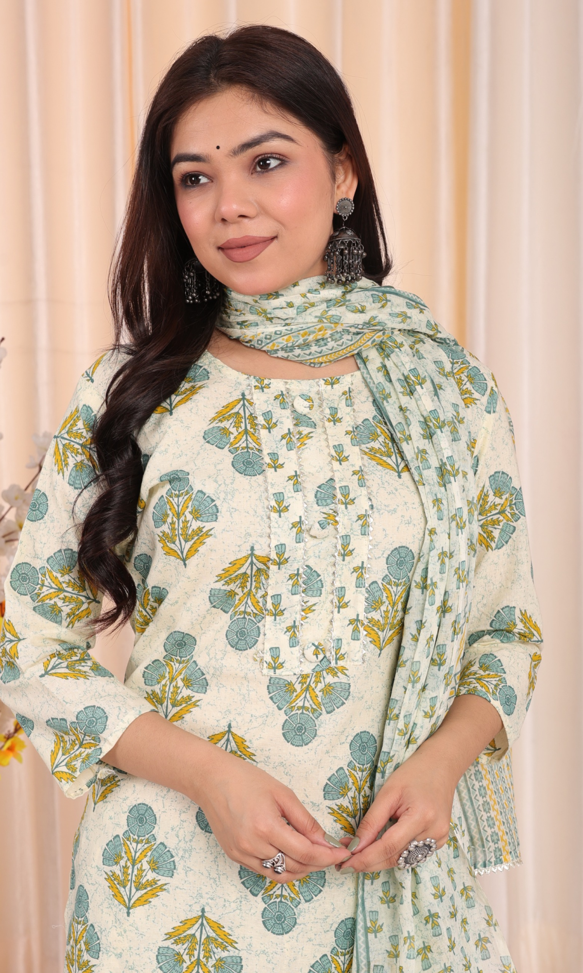 Cream Semi Cotton Floral Printed Salwar Suit