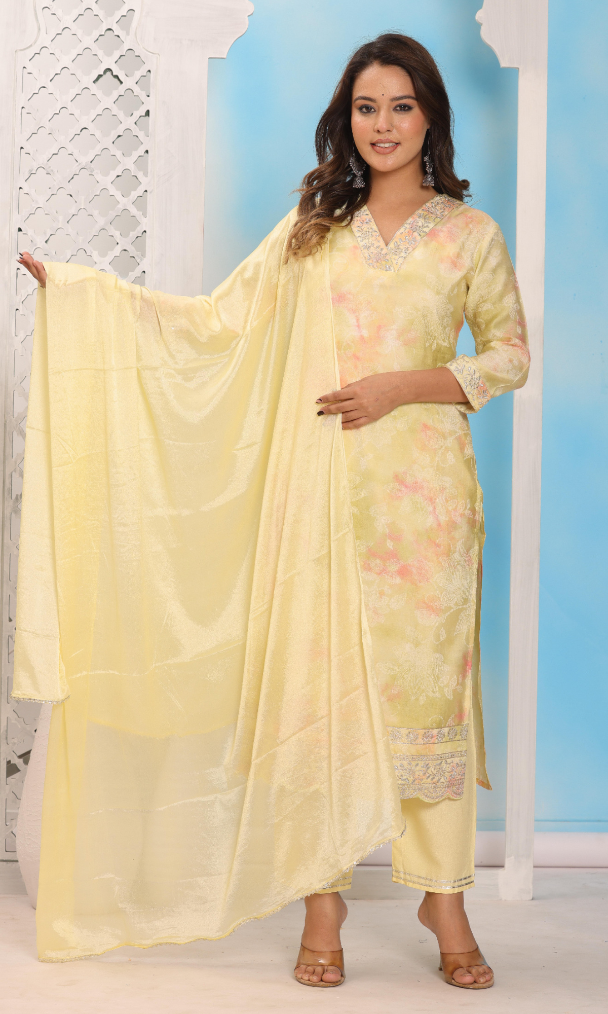 Lemon Yellow Semi Cotton Floral Printed Salwar Suit
