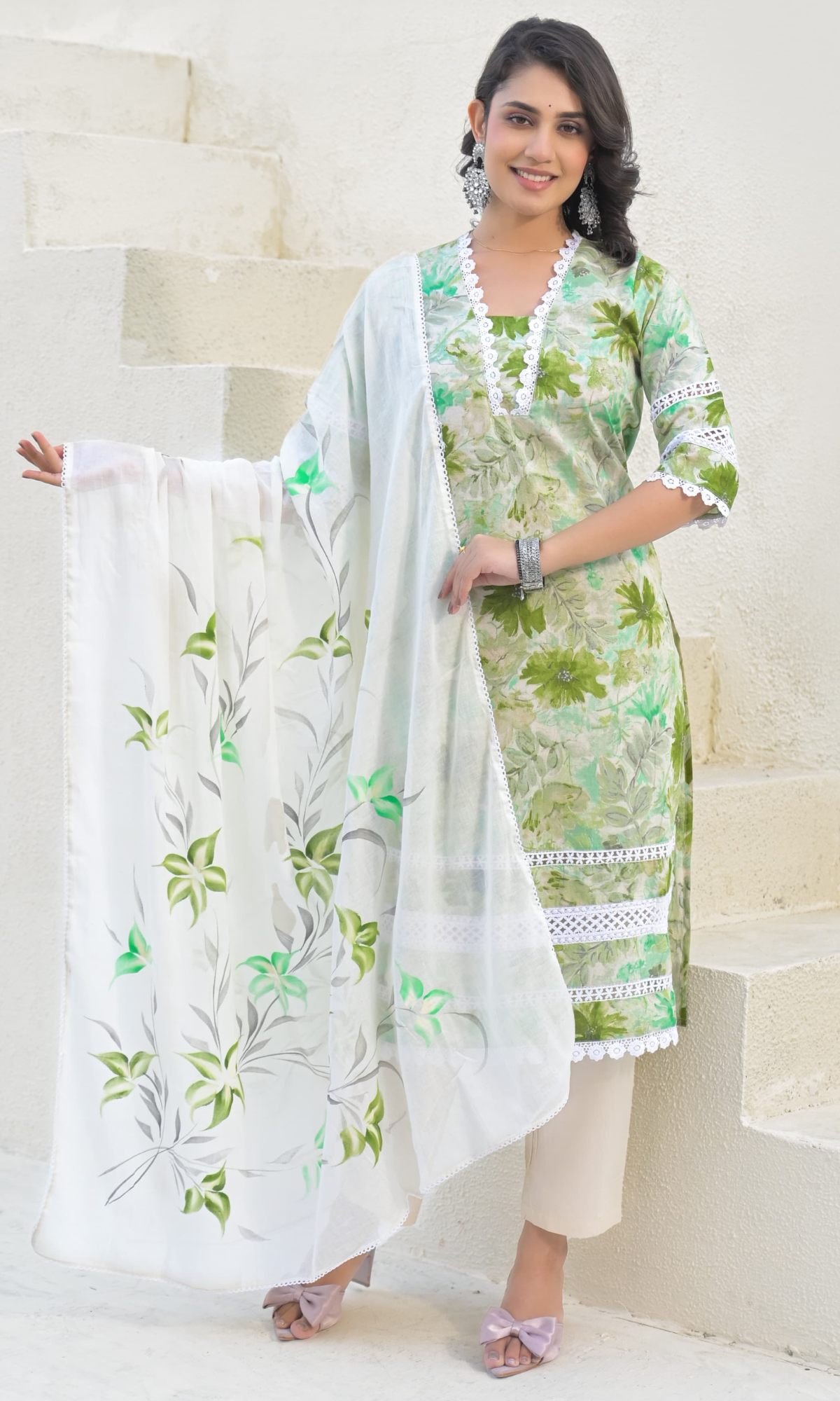 Green Semi Cotton Floral Printed Salwar Suit