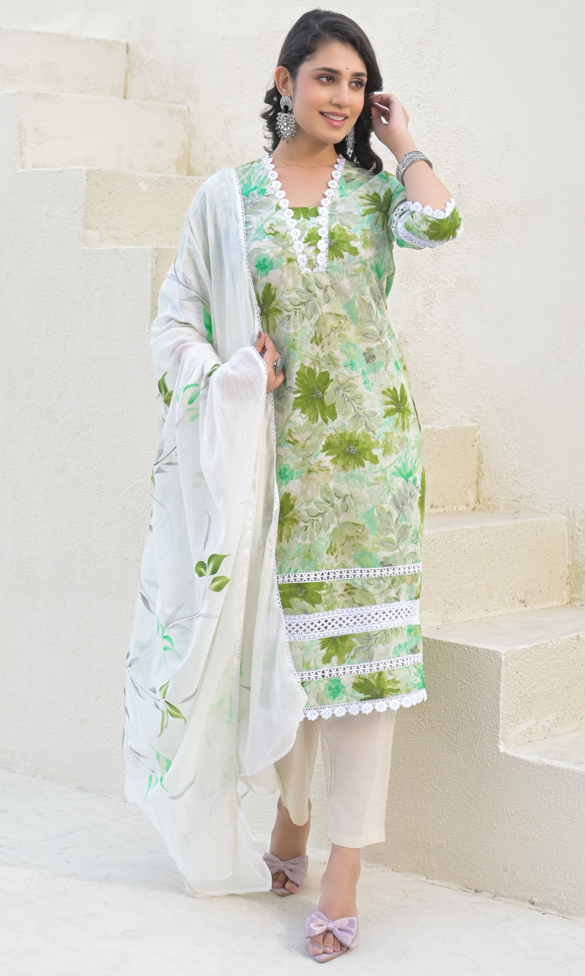 Green Semi Cotton Floral Printed Salwar Suit