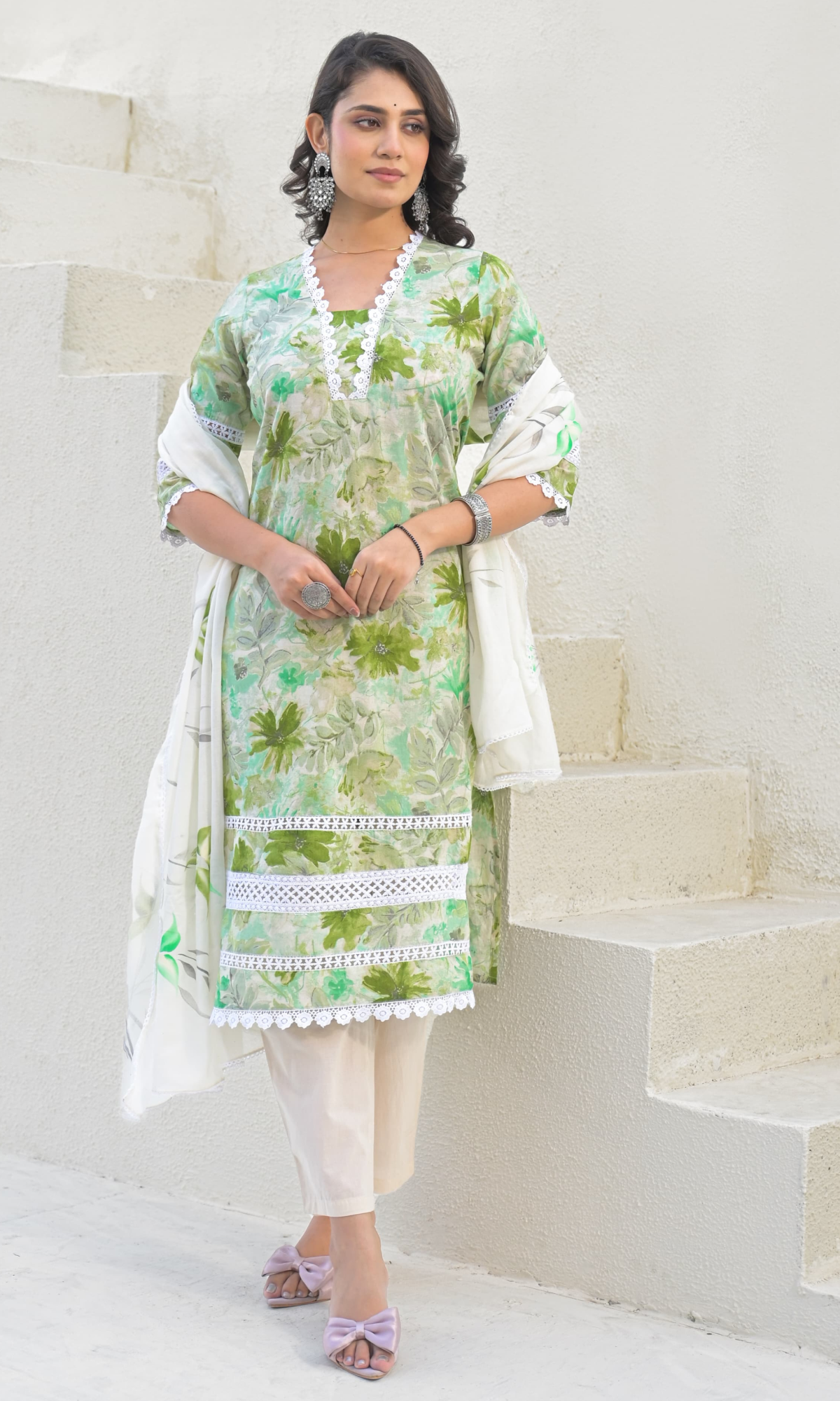 Green Semi Cotton Floral Printed Salwar Suit