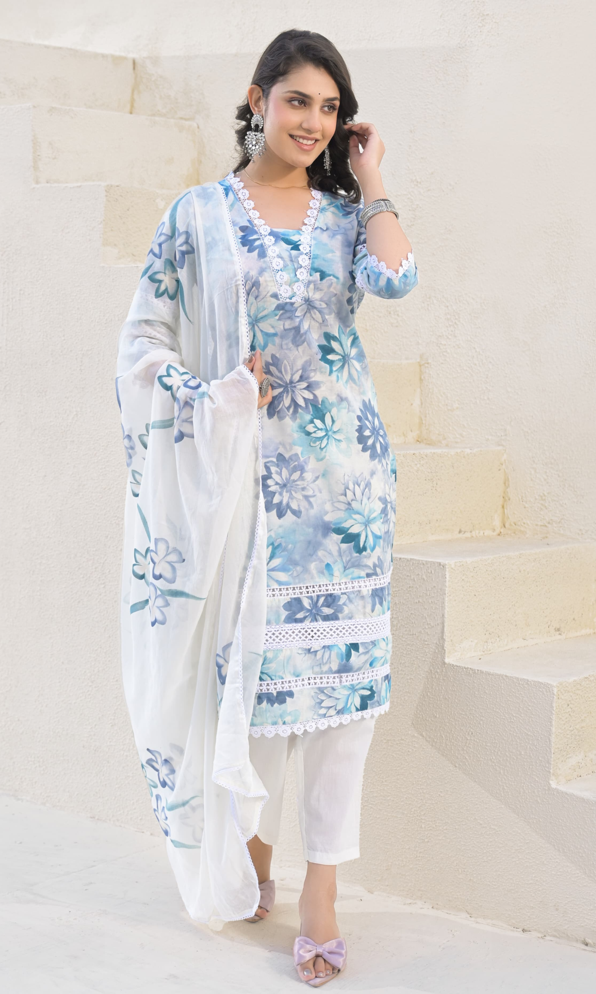 Blue Semi Cotton Floral Printed Salwar Suit
