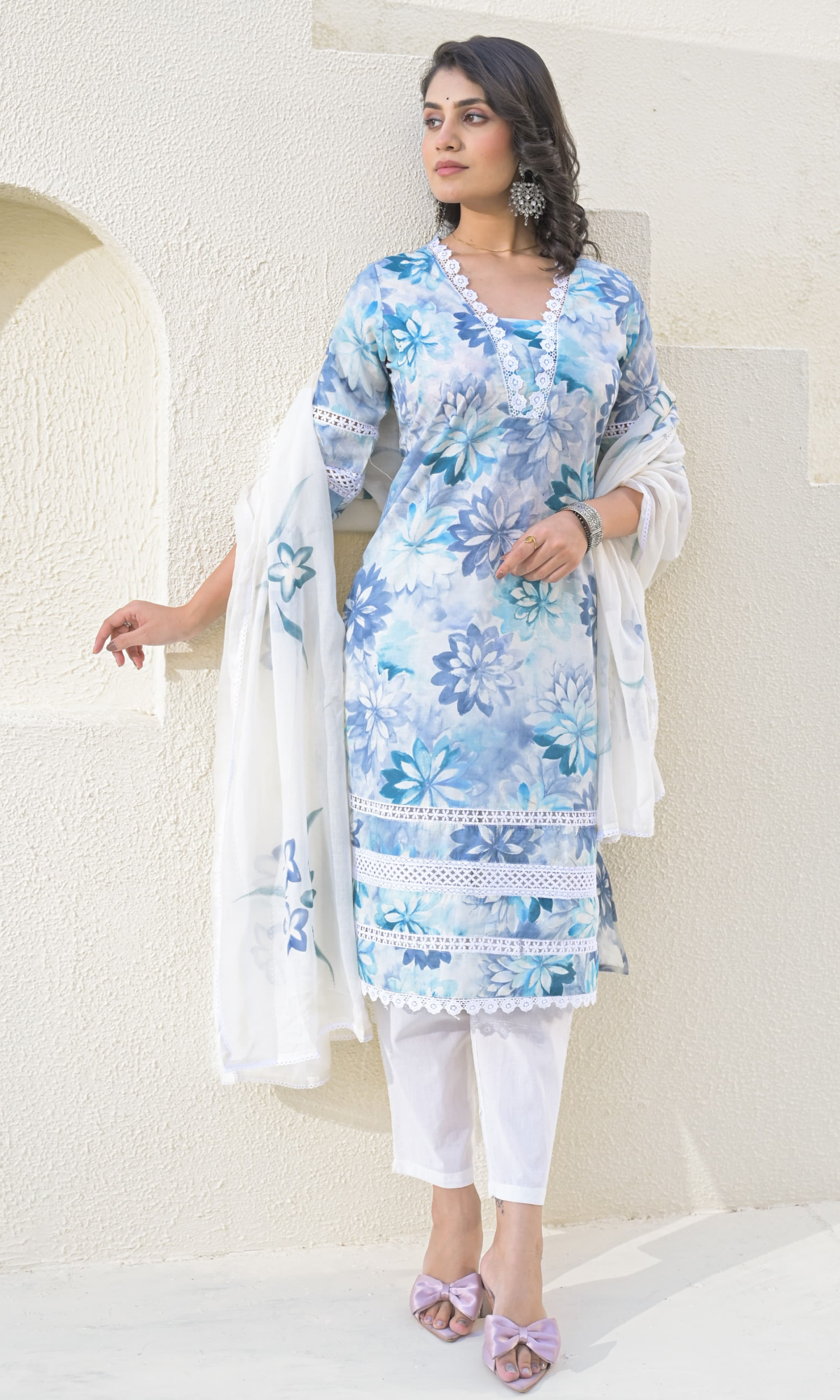 Blue Semi Cotton Floral Printed Salwar Suit