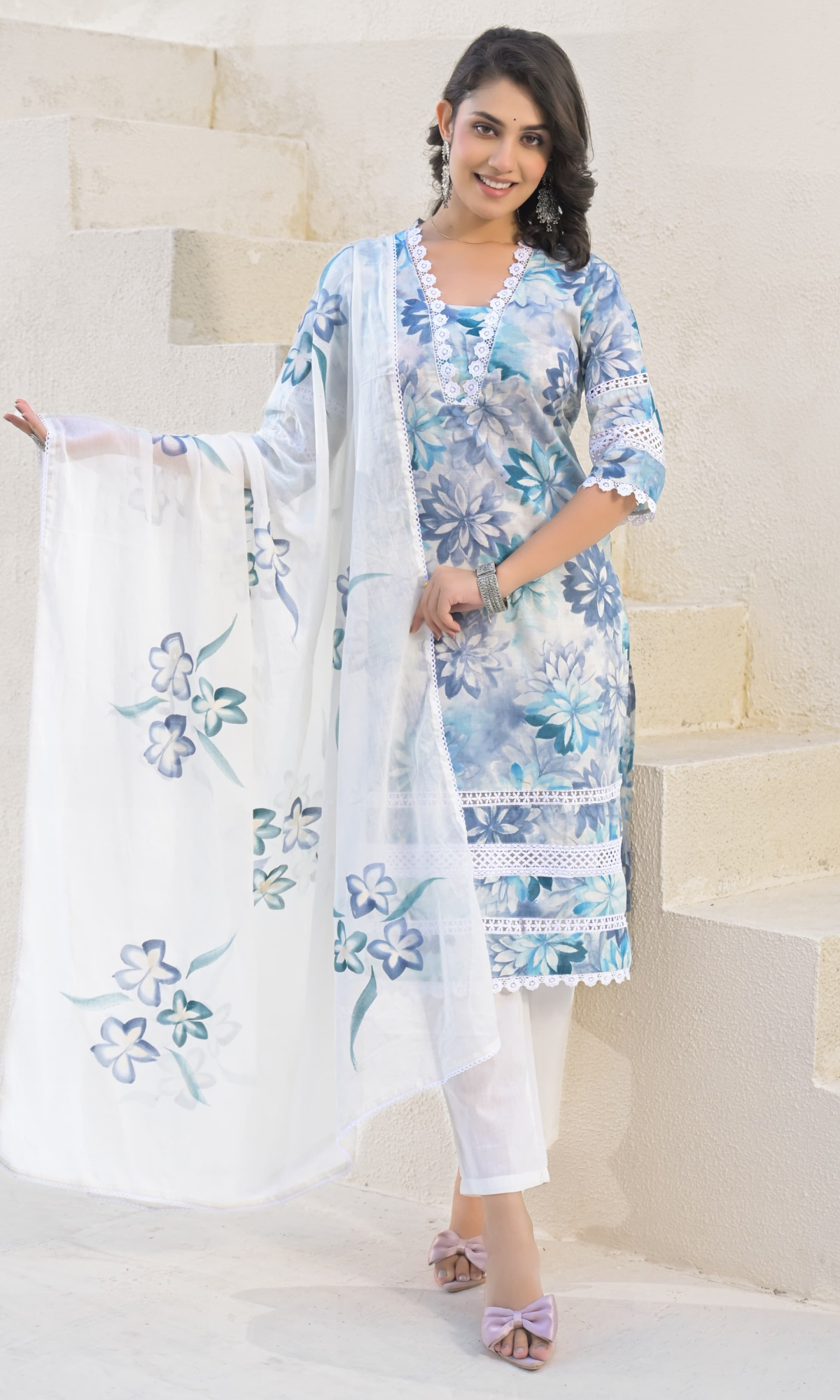 Blue Semi Cotton Floral Printed Salwar Suit
