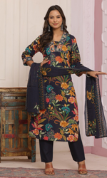 Navy Blue Semi Cotton Floral Printed Salwar Suit