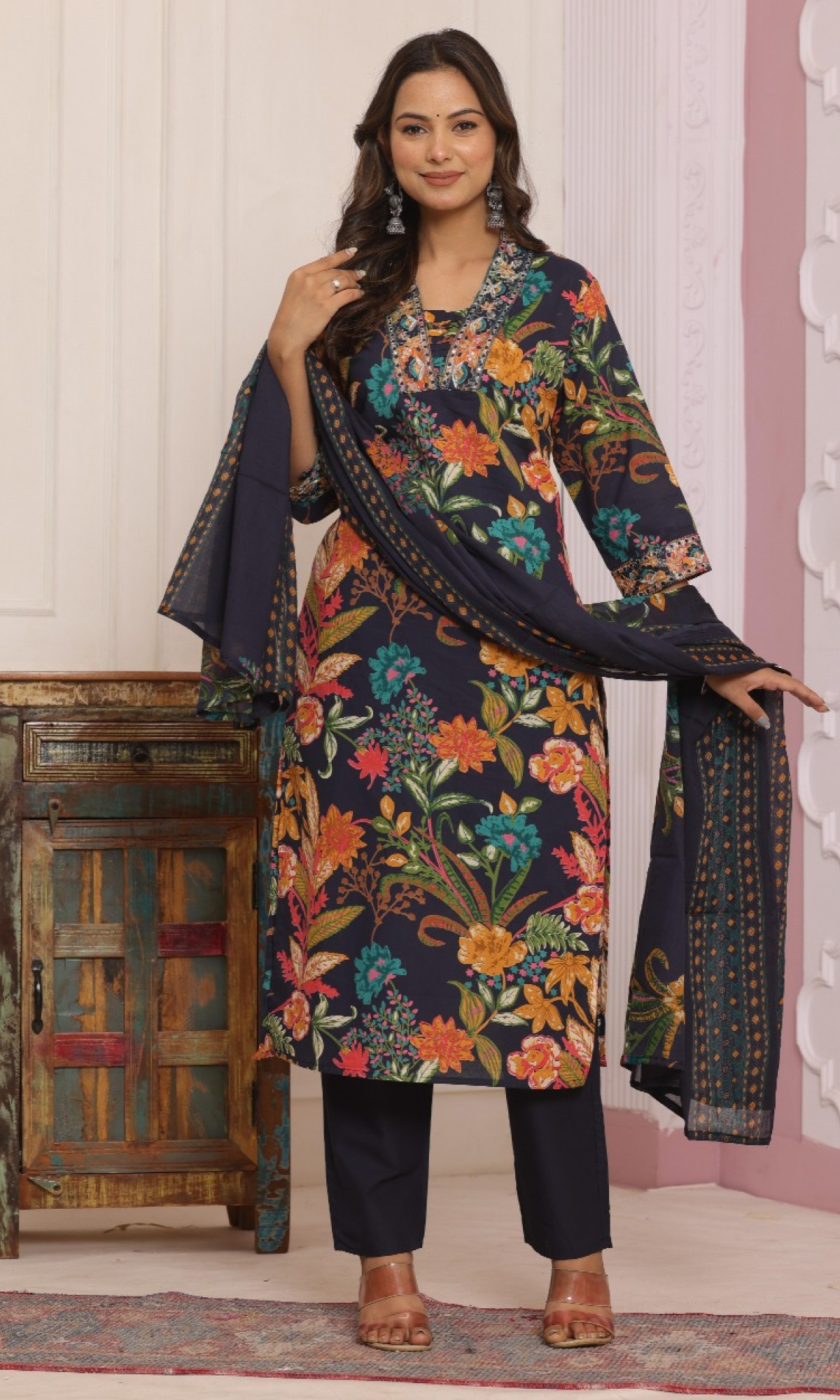 Navy Blue Semi Cotton Floral Printed Salwar Suit