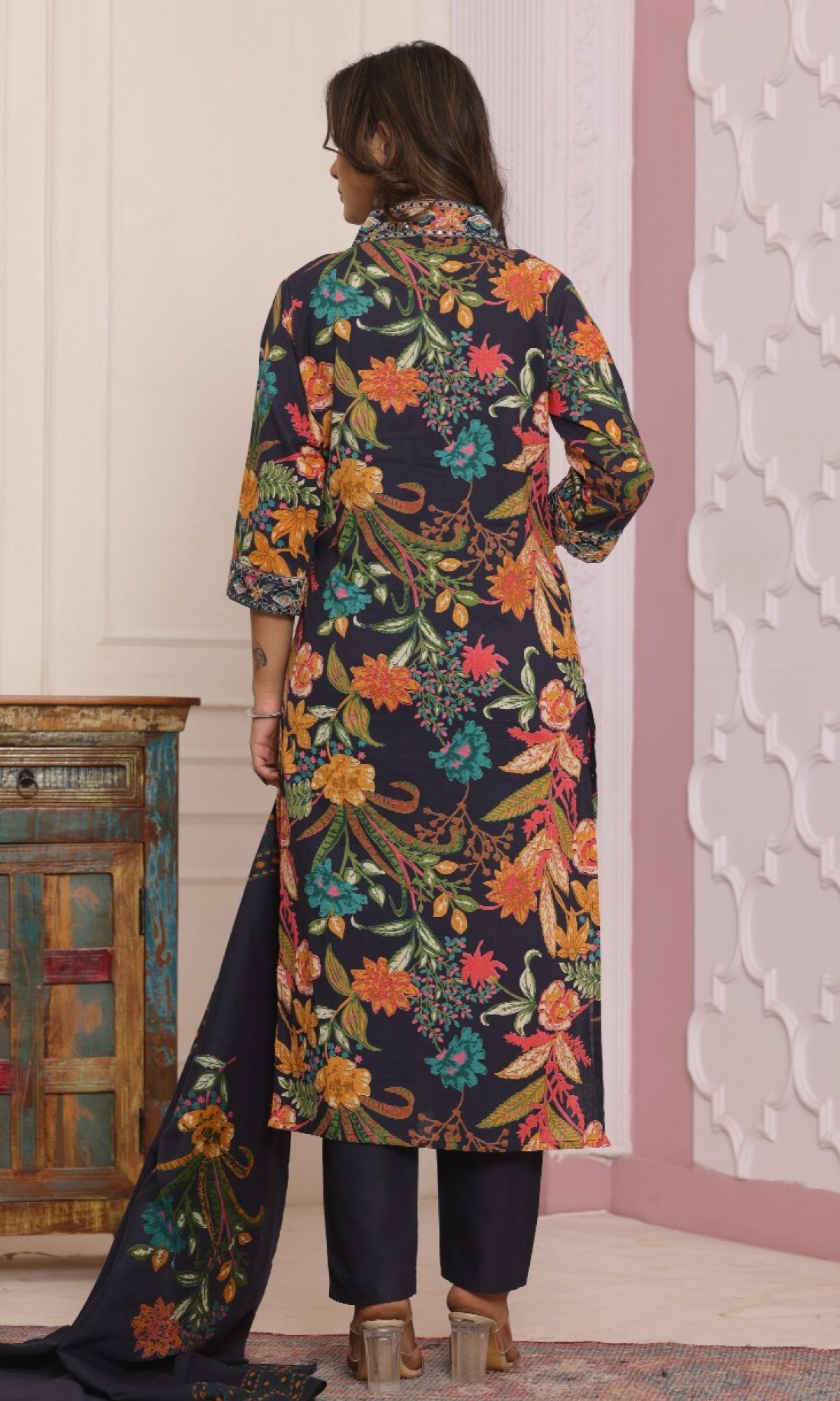 Navy Blue Semi Cotton Floral Printed Salwar Suit