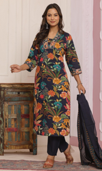 Navy Blue Semi Cotton Floral Printed Salwar Suit