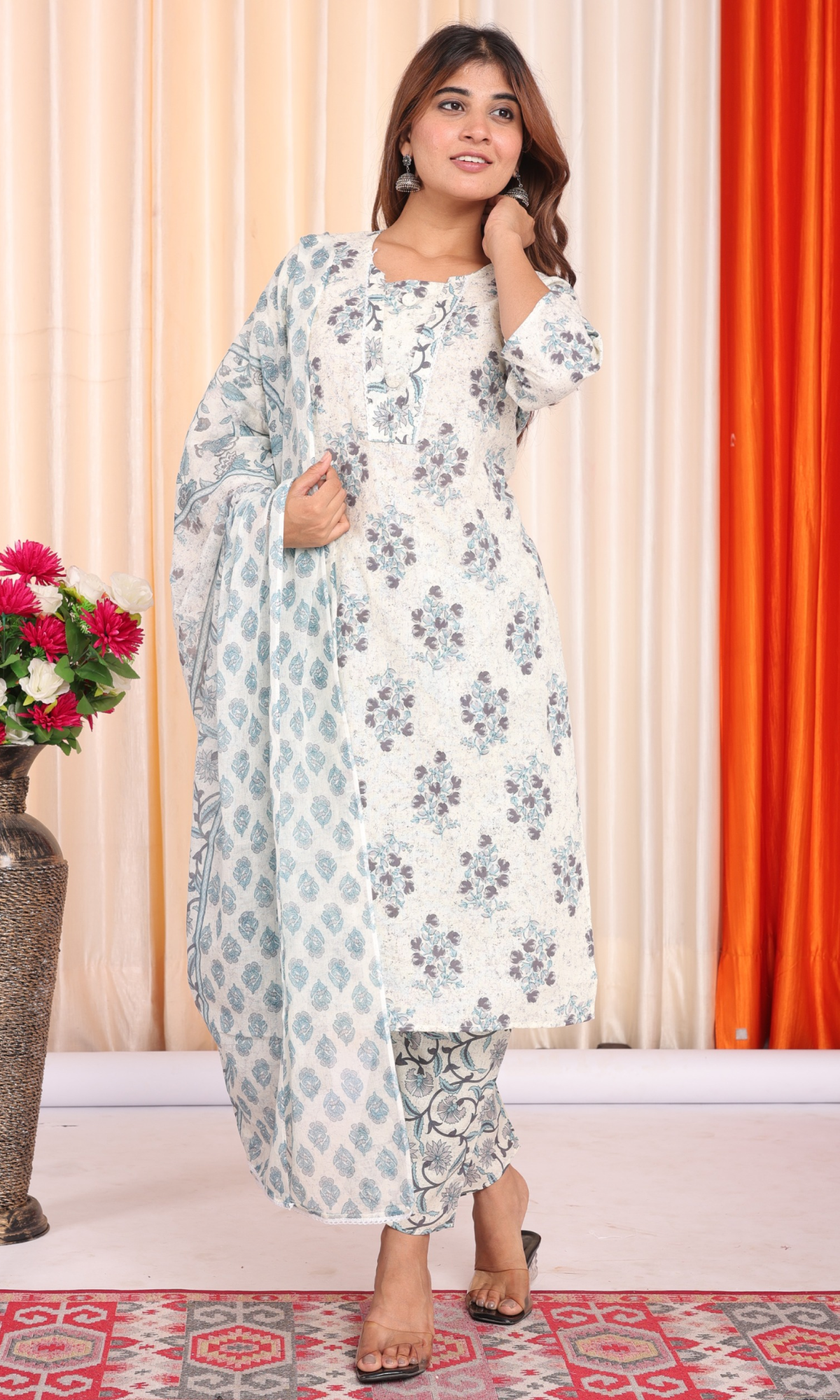 Cream Semi Cotton Floral Printed Salwar Suit
