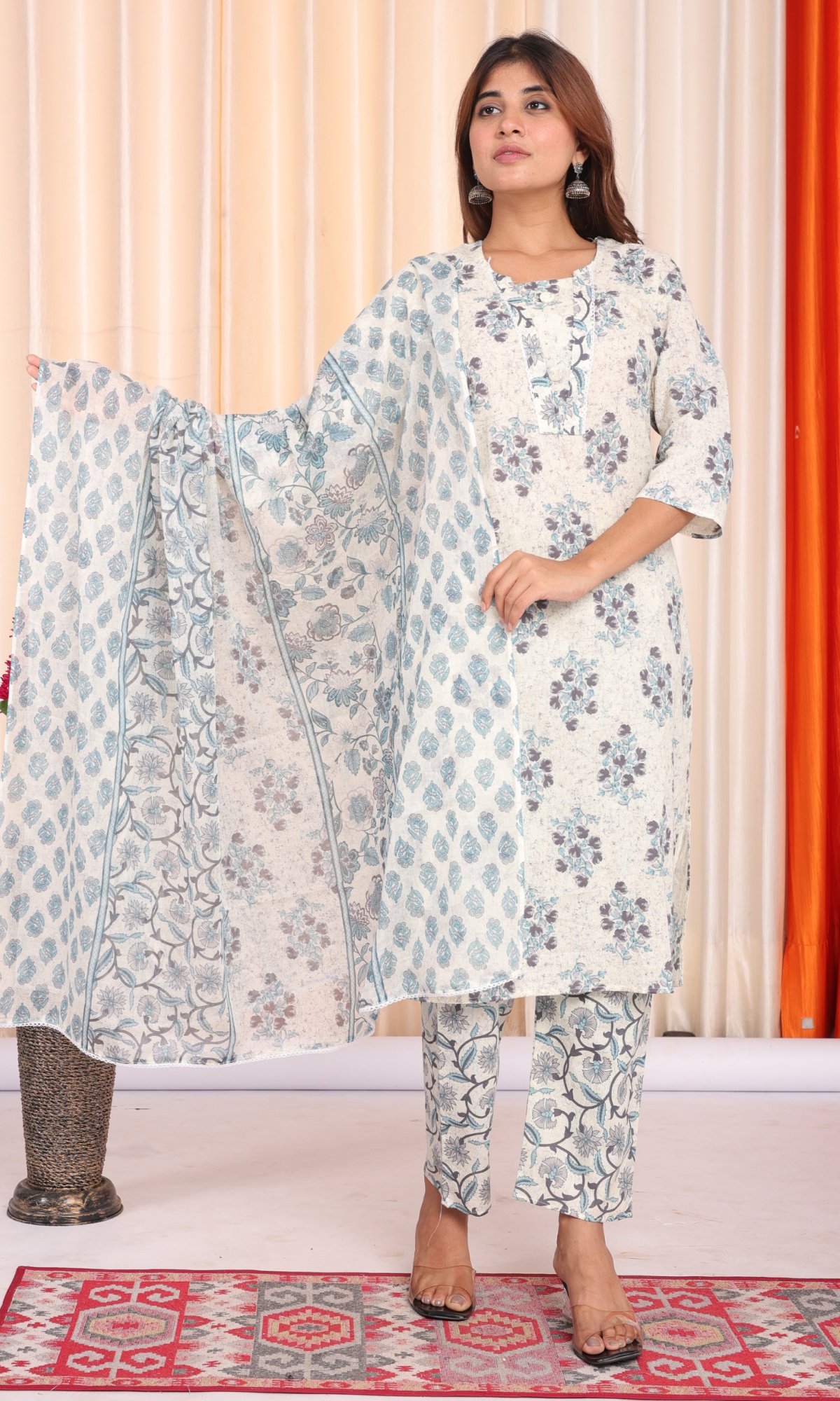 Cream Semi Cotton Floral Printed Salwar Suit