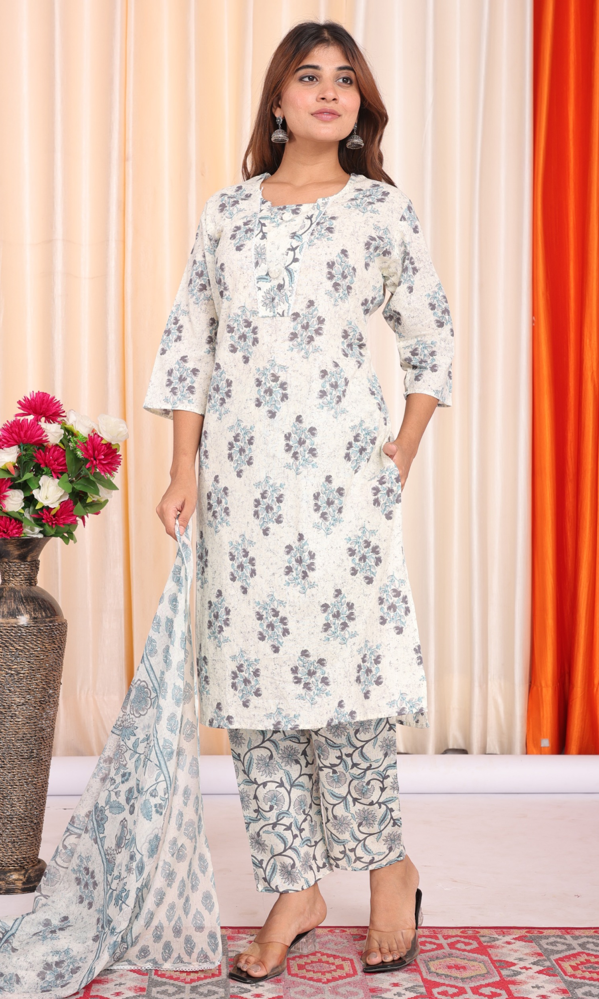 Cream Semi Cotton Floral Printed Salwar Suit