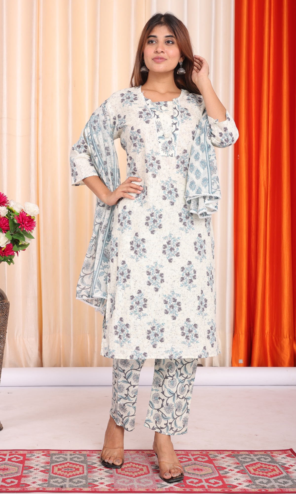 Cream Semi Cotton Floral Printed Salwar Suit