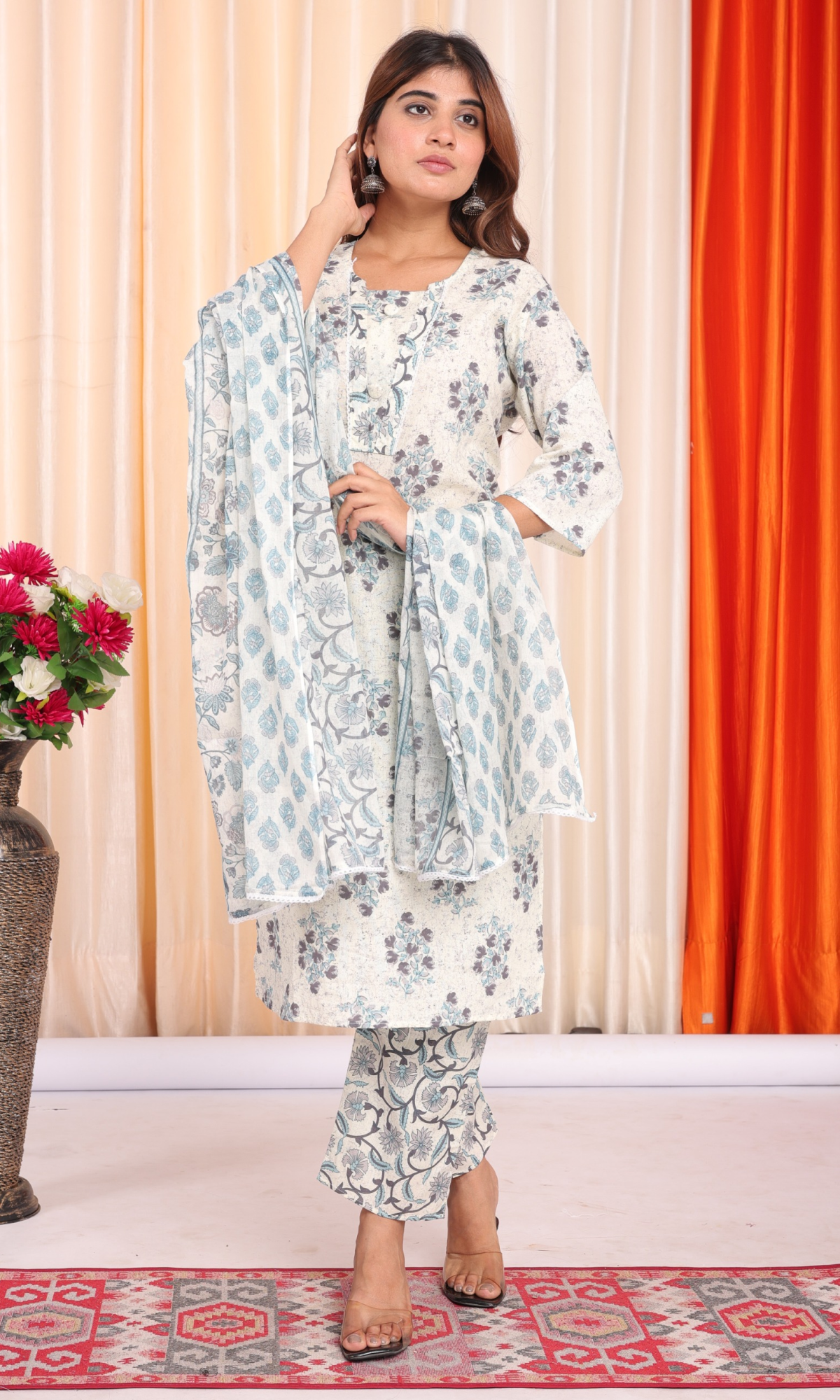 Cream Semi Cotton Floral Printed Salwar Suit