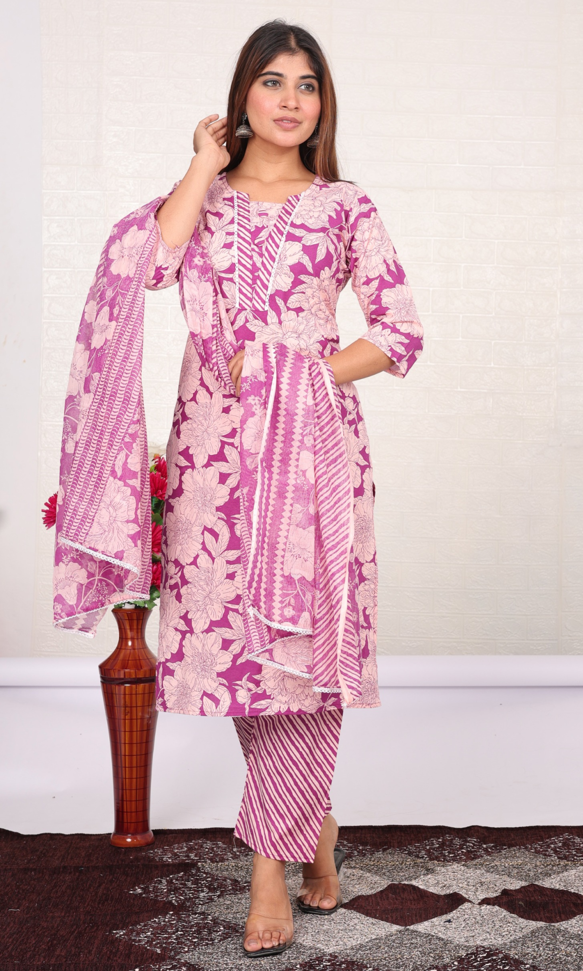 Purple Semi Cotton Floral Printed Salwar Suit