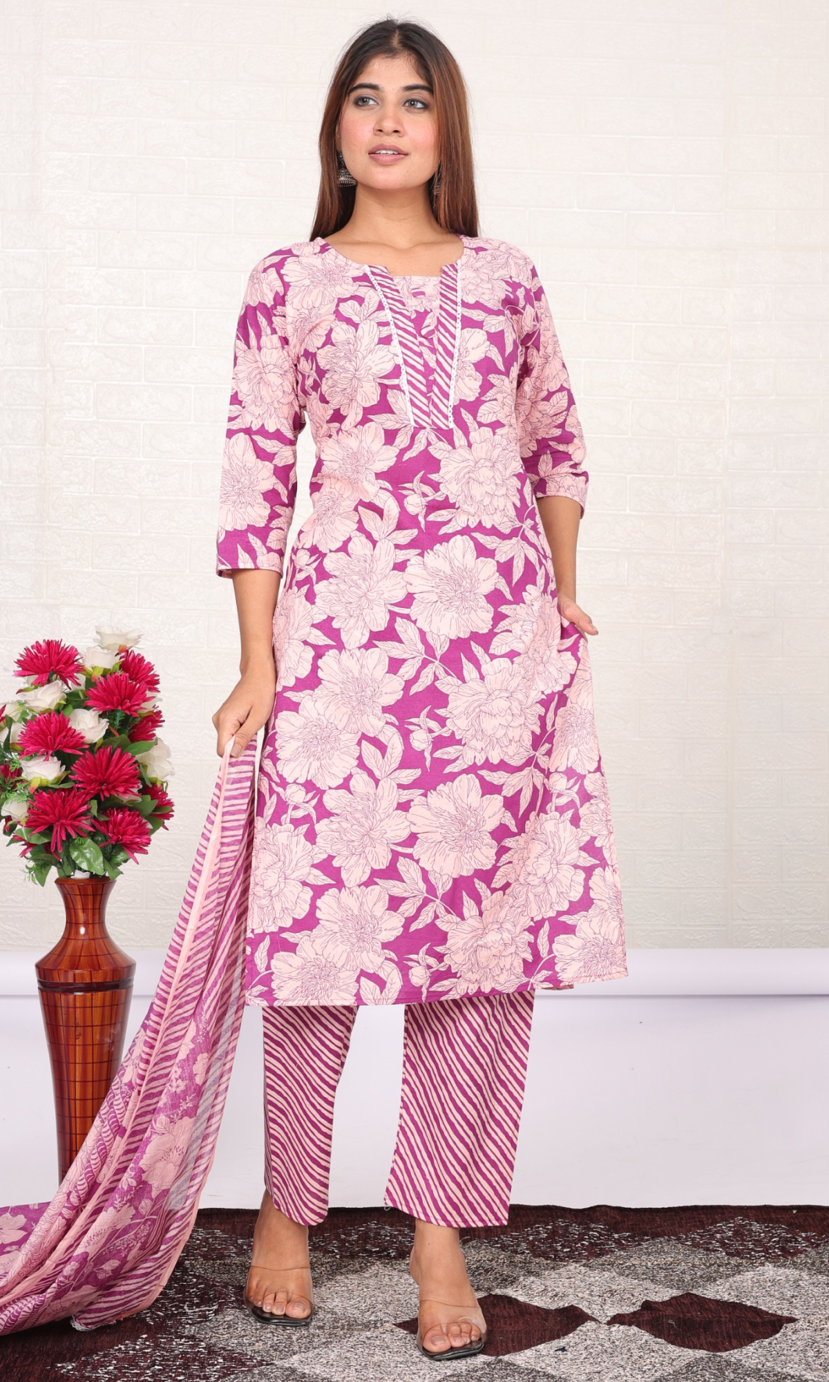 Purple Semi Cotton Floral Printed Salwar Suit
