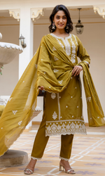 Olive Green Semi Cotton Embroidered Salwar Suit
