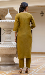 Olive Green Semi Cotton Embroidered Salwar Suit