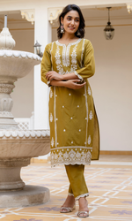 Olive Green Semi Cotton Embroidered Salwar Suit