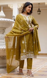 Olive Green Semi Cotton Embroidered Salwar Suit