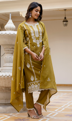 Olive Green Semi Cotton Embroidered Salwar Suit