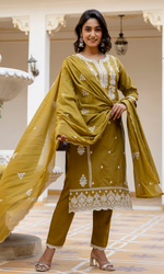 Olive Green Semi Cotton Embroidered Salwar Suit