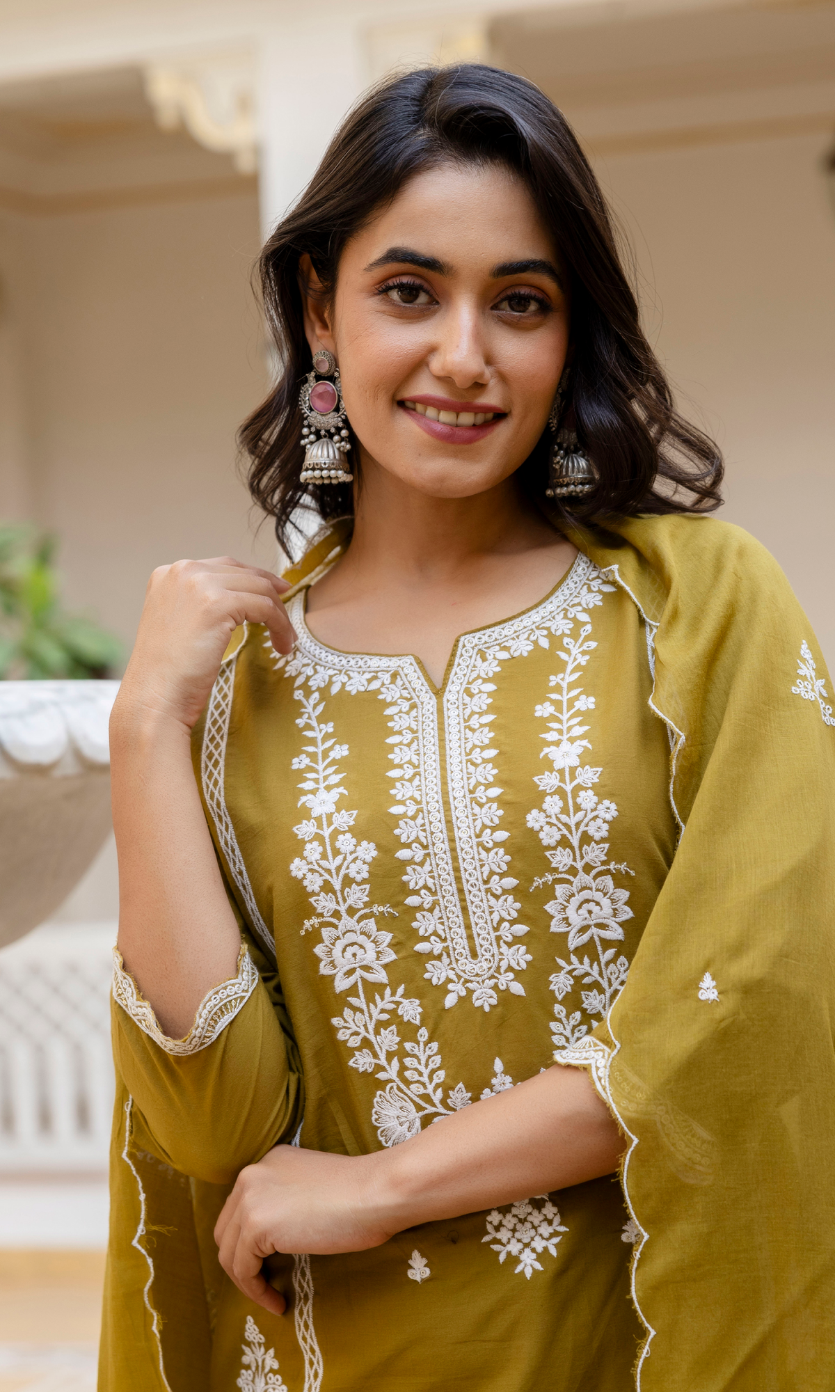 Olive Green Semi Cotton Embroidered Salwar Suit