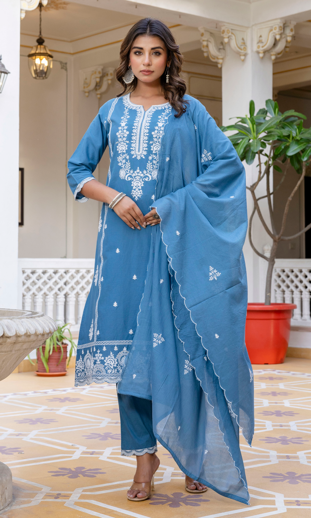Blue Semi Cotton Embroidered Salwar Suit