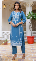 Blue Semi Cotton Embroidered Salwar Suit