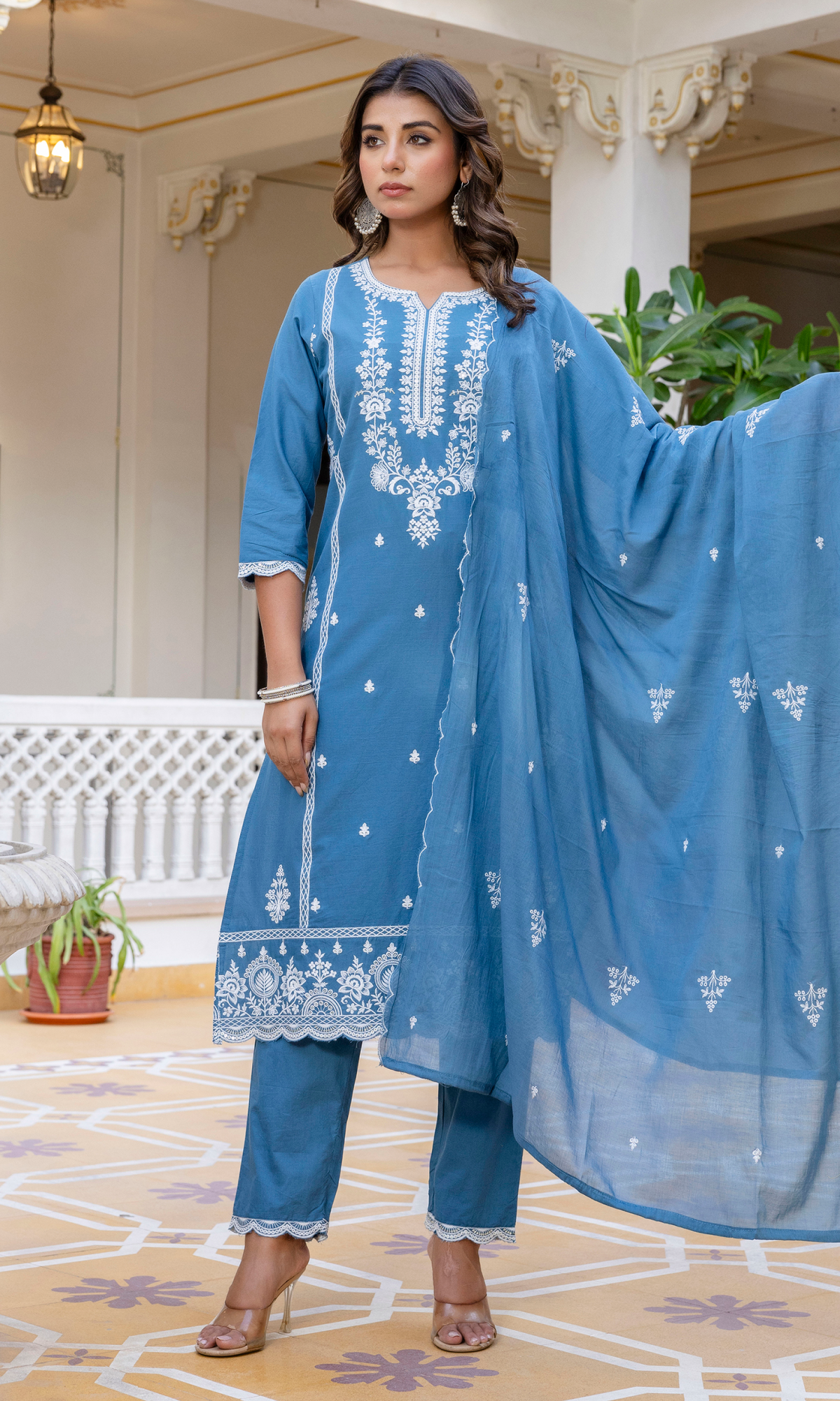 Blue Semi Cotton Embroidered Salwar Suit