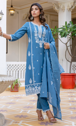 Blue Semi Cotton Embroidered Salwar Suit