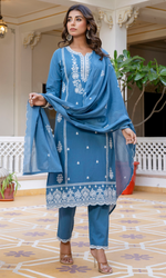 Blue Semi Cotton Embroidered Salwar Suit