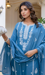 Blue Semi Cotton Embroidered Salwar Suit