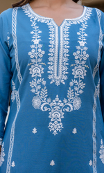 Blue Semi Cotton Embroidered Salwar Suit
