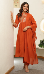 Orange Semi Cotton Floral Embroidered Anarkali Suit