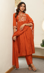 Orange Semi Cotton Floral Embroidered Anarkali Suit