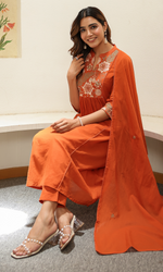 Orange Semi Cotton Floral Embroidered Anarkali Suit