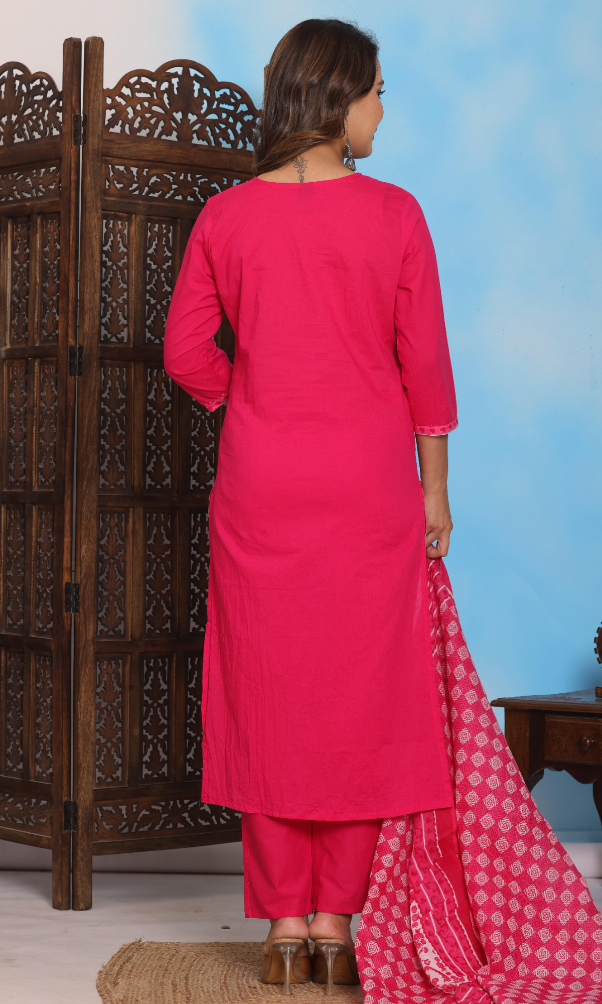 Pink Semi Cotton Printed Salwar Suit
