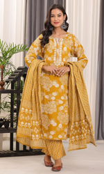 Mustard Semi Cotton Floral Printed Salwar Suit